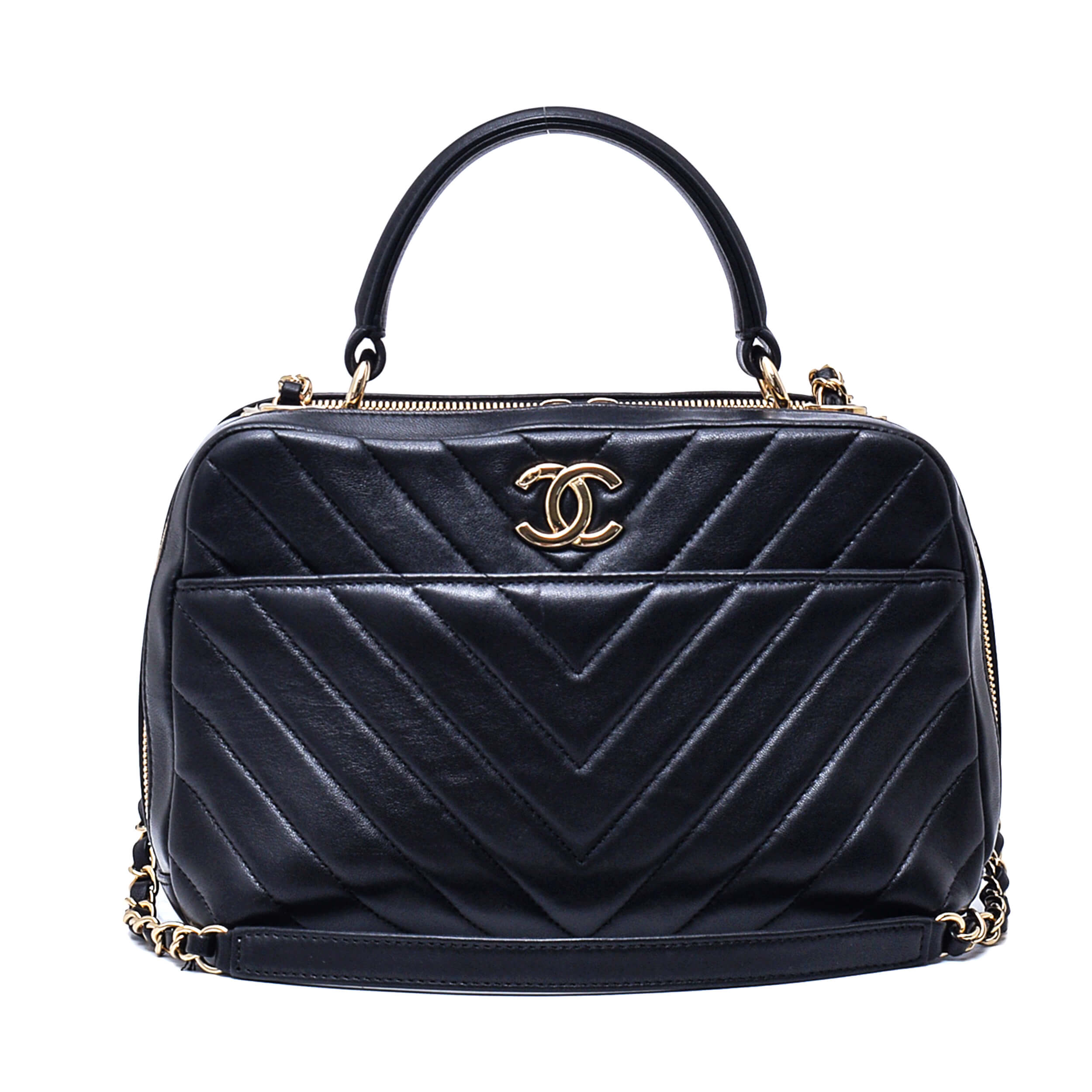 Chanel - Black Chevron Lambskin Trendy Medium CC Bowling Bag